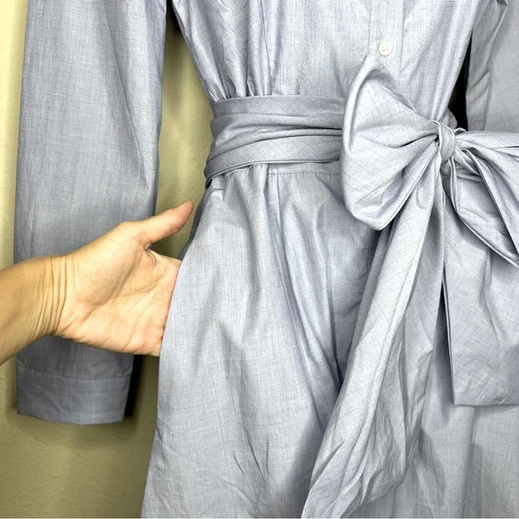 J CREW Blue Tie-Waist Shirtdress in End-On-End Cotton - J5419 - Sz 0 - Picture 8 of 13